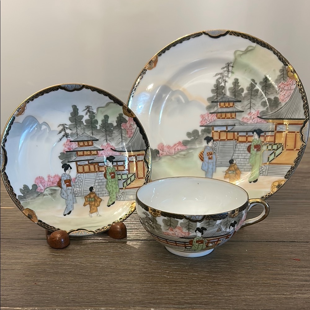Elegant Japanese Porcelain Tea Set - cup saucer plate hand painted vintage (D)